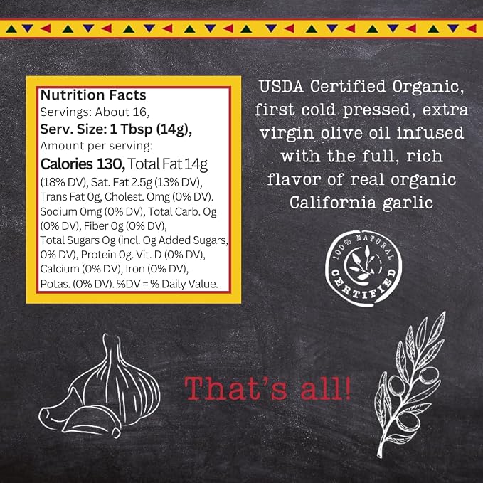 Garlic Gold Extra Virgin Olive Oil Infused with Garlic, Premium Certified USDA Organic, Low FODMAP, Cold Pressed (32 Fl Oz, 1 Pack)