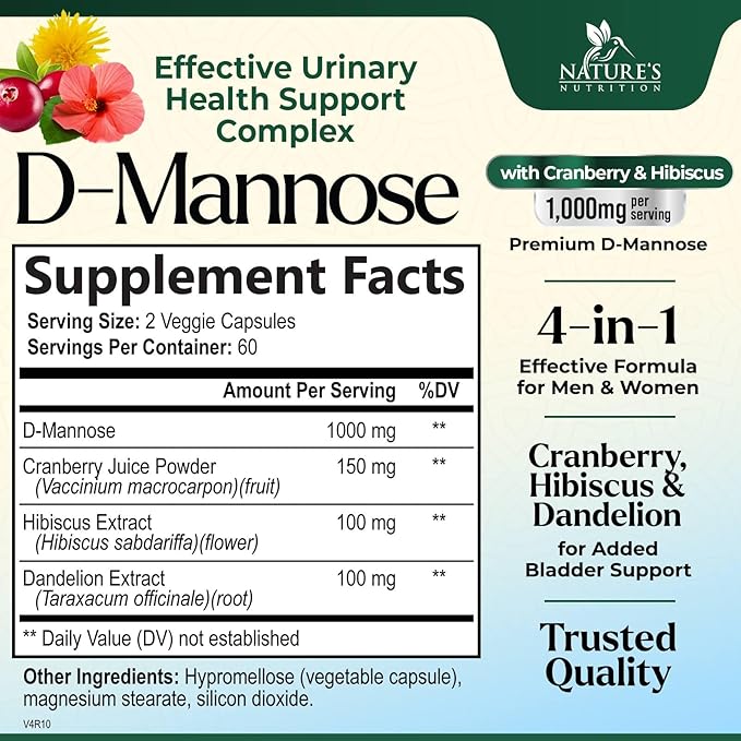 D-Mannose 1000mg Per Serving - Cranberry & Hibiscus - Effective Fast-Acting, Flush The Impurities for Bladder, Urinary Tract Health Support Supplement, for Women and Men, USA Bottled - 120 Capsules