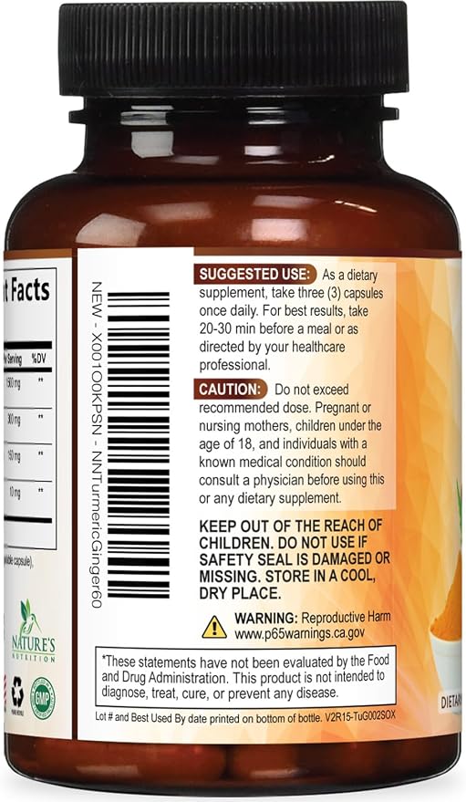 Turmeric Curcumin Supplement - 95% Curcuminoids with Organic Turmeric & Ginger, BioPerine Black Pepper Extract for Best Absorption, Natural Vegan Joint Support, Non-GMO, Bottled in USA - 60 Capsules