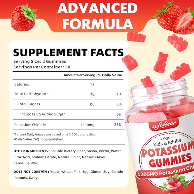 softbear Potassium Gummies for Adults, Sugar Free Potassium Chloride Gummies 1200mg Support Leg Cramps & Electrolyte Balance High Potency Potassium Supplement, Strawberry Flavor 60 Count