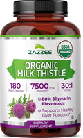 Zazzee USDA Organic Milk Thistle 30:1 Extract, 80% Silymarin, 180 Vegan Capsules, 6 Month Supply, Certified Kosher, High Potency Liver & Antioxidant Support, Silybum Marianum, Non-GMO, Made in the USA