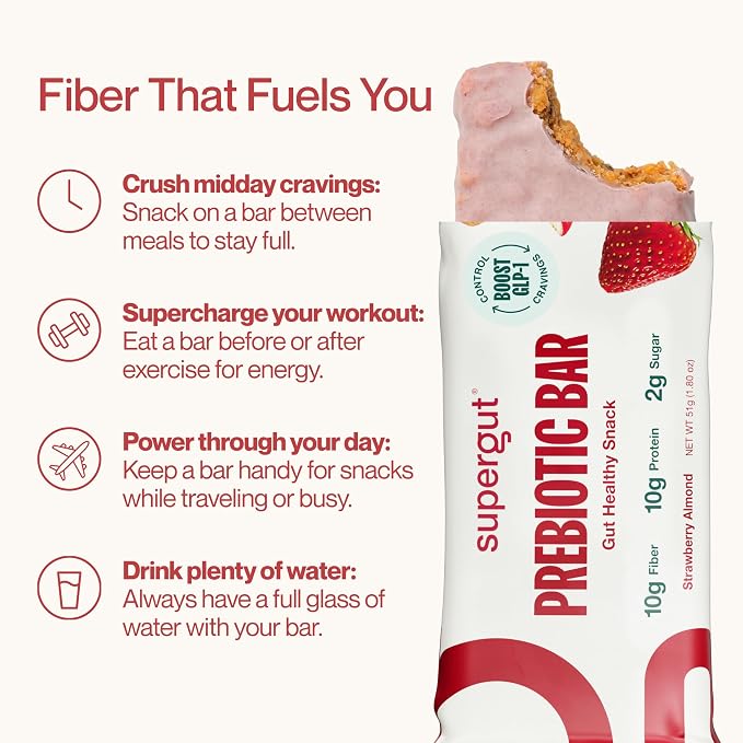 Supergut GLP-1 Boosting Prebiotic Bars, Strawberry Almond - Gut Healthy Protein Snacks & Breakfast Bars - Keto-Friendly Meal Replacement Energy Bars for Gut Health (12 Count)
