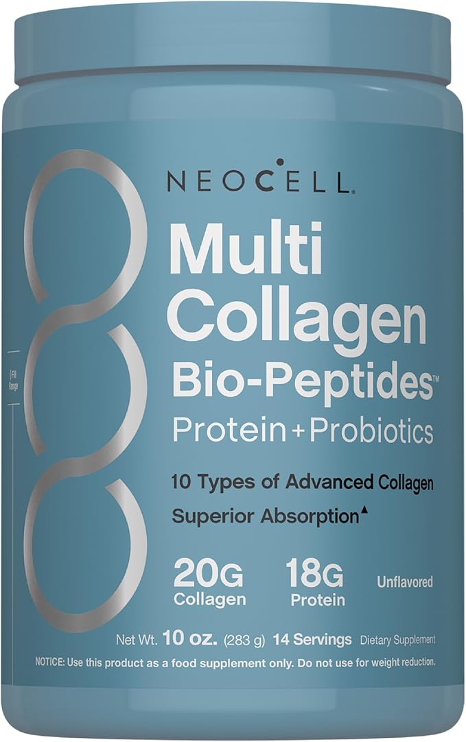 NeoCell Multi Collagen Bio-Peptides Powder | 10oz | Advanced with Hyaluronic Acid and Vitamin C | 10 Super Types of Collagen | Superior Absorption | Grassfed Protein Supplement