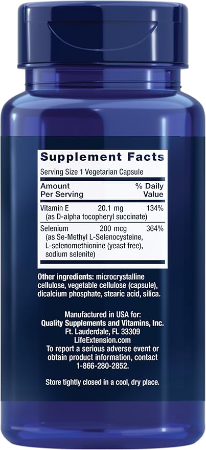 Life Extension Super Selenium Complex, 200 mcg – 3 Forms of Selenium, Vitamin E – Cellular Health & Longevity Support – Gluten-Free, Non-GMO, Vegetarian, 1 Daily – 100 Capsules