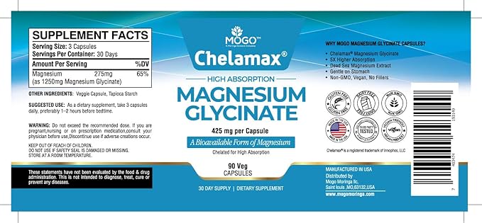 Chelamax Magnesium Glycinate.Dead Sea Sourced, 100% Chelated Magnesium for Sleep Support, Muscle Cramps, Bone Health. Made in USA, 3rd Party Tested,Heavy Metal Free,Glicinato de Magnesio Capsules.