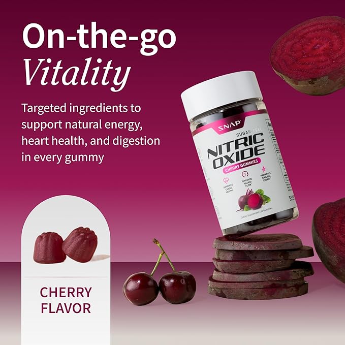 Snap Supplements Nitric Oxide Gummies - Beet Root Extract 300mg, Sugar Free Beetroot Supplement with Pomegranate Powder for Circulation & Natural Energy, 60 Vegan Gummies (3-Pack), Cherry Flavor