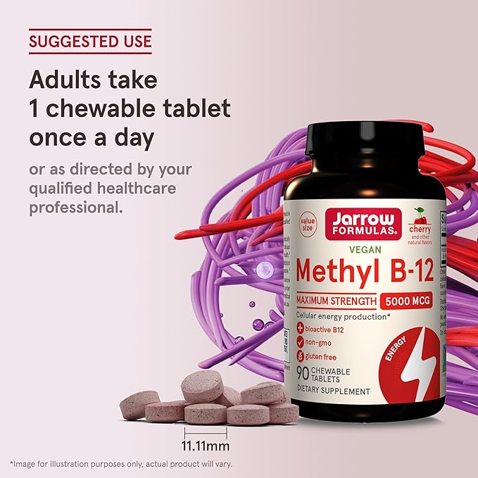 Jarrow Formulas Maximum Strength Methyl B-12 5000 mcg Dietary Supplement - 90 Cherry Chewable Tablets - Bioactive Vitamin B-12 - Supports Cellular Energy Production, Sleep & Brain Health (Pack of 12)