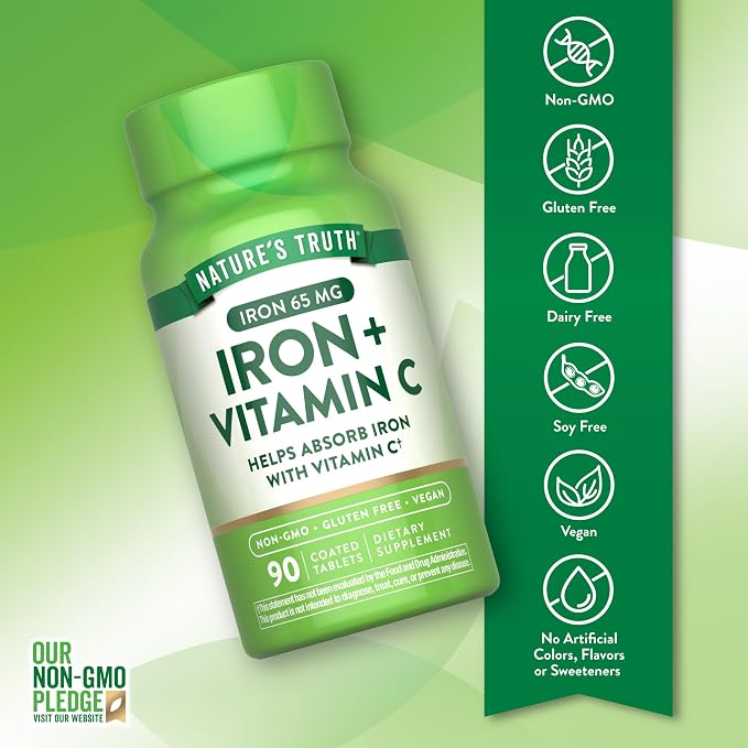 Nature's Truth Iron Plus Vitamin C Tablets | 65mg of Iron | 90 Count | High Potency | Vegan, Non-GMO & Gluten Free Supplement