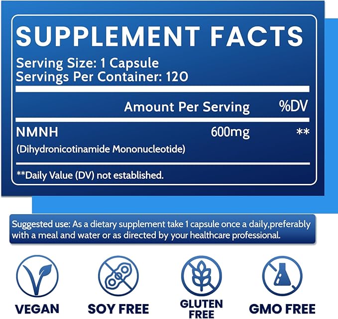 Pure NMNH 600mg Liposomal NAD Supplement for Women & Men - NMNH (Dihydronicotinamide Mononucleotide, NMN Alternative) for Anti-Aging, NAD+ Levels, Immune, and Energy, 120 Capsules (120-Day Supply)