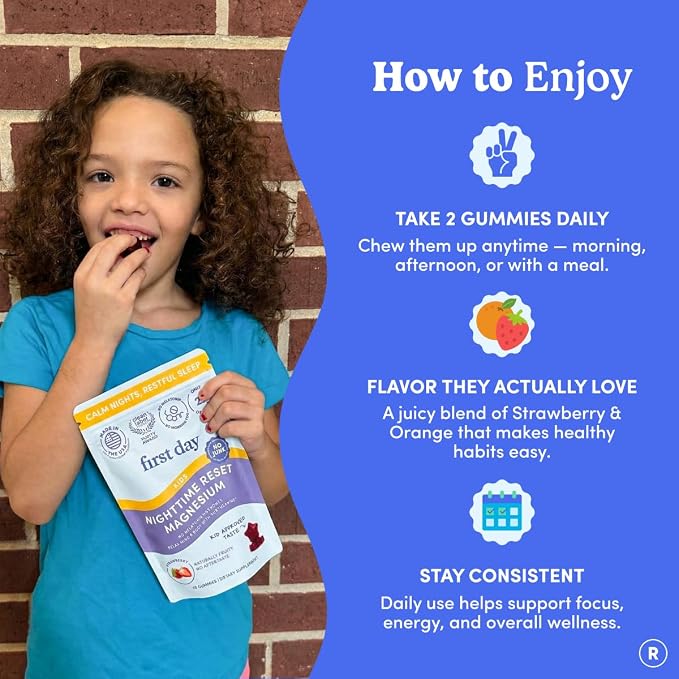 FIRST DAY Kids Magnesium Citrate Gummies (Ages 4+) with No Melatonin | Calm Kids Magnesium Gummies | Bedtime Supplement for Better Sleep with Suntheanine® L-Theanine | Strawberry | 30-Days Supply