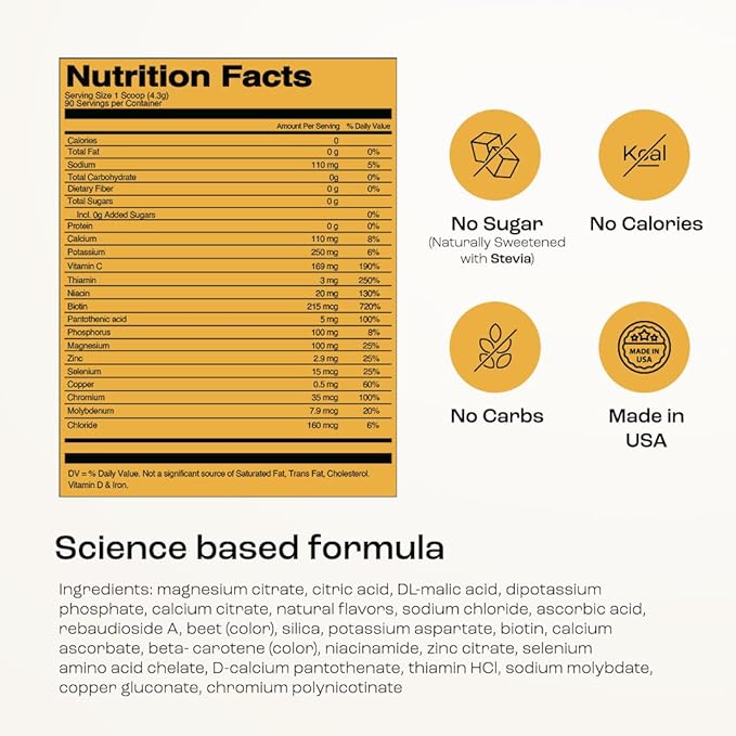 KEY NUTRIENTS Multivitamin Electrolytes Powder No Sugar - Tropical Peach Mango Electrolyte Powder - Endurance & Energy Supplement - Hydration Powder - No Calories - 90 Servings - Made in USA