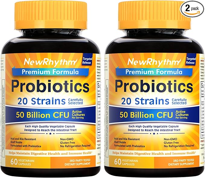 NewRhythm Probiotics 50 Billion CFU 20 Strains, 120 Veggie Capsules, Targeted Release Technology, Stomach Acid Resistant, No Need for Refrigeration, Non-GMO, Gluten Free