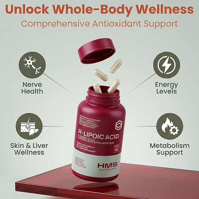 Stabilized R-Lipoic Acid 300 mg per Serving — Pure R Alpha Lipoic Acid (R-ALA) High Potency Active R Isomer Antioxidant Nerve & Metabolism Support — NSF Certified Non-GMO Vegan 60Capsule