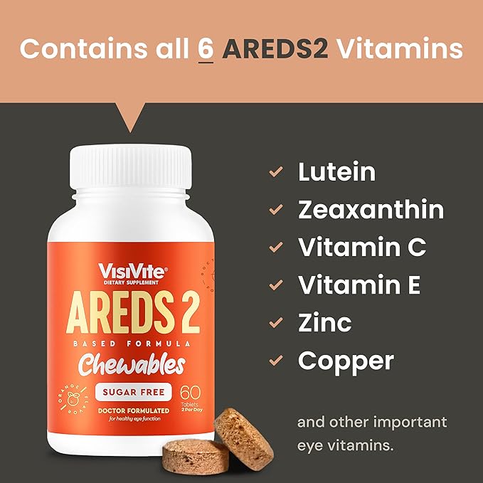 VisiVite AREDS 2 Sugar-Free Eye Vitamins - Alternative to Lutein Gummies for Eyes - Lutein for Eye Health - Premium Sugar-Free Eye Vitamins - Eye Care Supplements for Adults (Chewable Tablets)