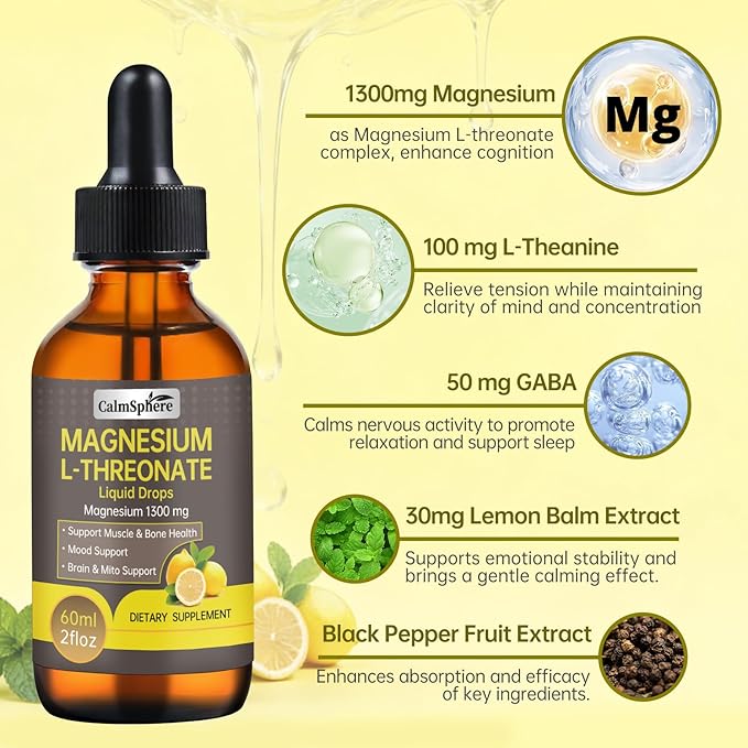 High Absorption Magnesium L-Threonate 1300mg Liquid Drops with L-Theanine&GABA,Supports Brain Function,Deep Sleep Quality&Stress Relief,Natural Lemon Flavor,Fast Acting GMP Certified,Adults & Kids