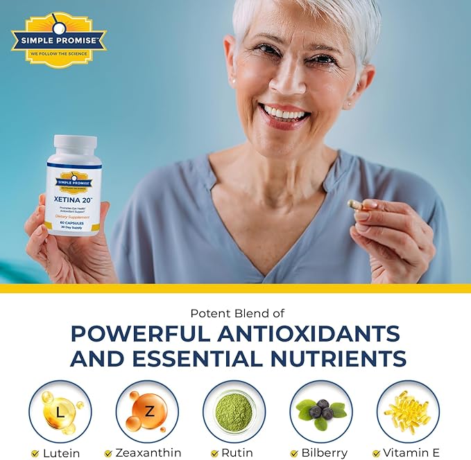 Simple Promise - Xetina 20™ Lutein and Zeaxanthin Supplements - Essential Support for Eye Health with Vitamins E, Eyebright, Zinc, Grape Seed Extract, Rutin & Bilberry - 60 Capsules
