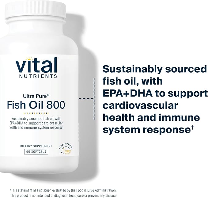 Vital Nutrients Ultra Pure® Fish Oil 800 - Supports Heart, Brain, & Immune Health* - Sustainably Sourced High EPA & DHA Omega-3 Fatty Acid - Lemon Flavor - Gluten, Dairy, Soy Free - 90 Softgels