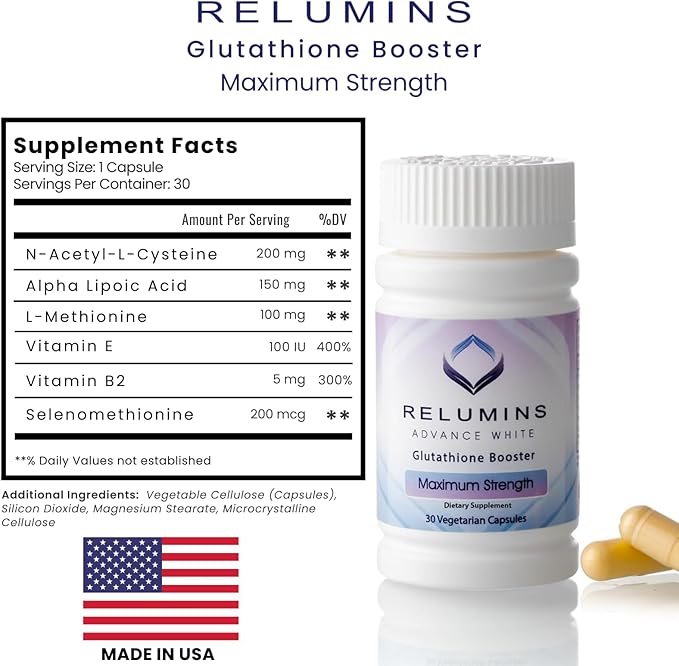 Relumins Advanced Glutathione Booster - Max Strength - Halal Certified - Supports Healthy Skin and Good Antioxidant Levels for Overall Wellness - 30 Vegetarian Capsules x 3 Bottles