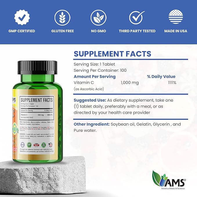 America Medic & Science Rapid-C 500mg Vitamin C Supplement (3 Pack of 100 Tablets) Energy Booster, Daily Immune System Support, Antioxidant | Vegan, Non-GMO Coated Ascorbic Acid for Adult Men & Women