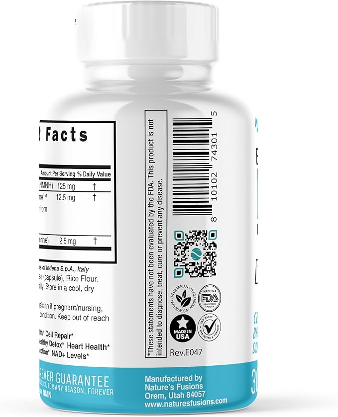 Nutri NMNH 125 mg Supplement - 25x more Bioavailable, with Piperine & Quercetin Phytosome - Boost NAD+ 40% more with Dihydronicotinamide Mononucleotide - 30 Capsules - 3rd Party Tested & GMP Certified
