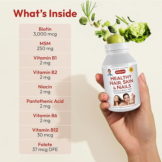 ANDREW LESSMAN Healthy Hair, Skin and Nails 60 Capsules - 3000 mcg High Bioactivity Biotin, B-Complex. Promotes Beautiful Skin, Strong Nails. No Additives Hair Growth Vitamins Biotin Supplement