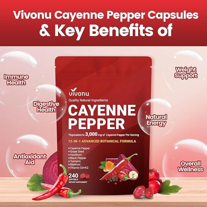 VivoNu Cayenne Pepper Softgels Supplement, Supports Leg Vein, Heart and Blood Vessel Health, with Vitamin E D3+K2 and Extracts of Grape Seed, Hawthorn, Beetroot, Berberine (Softgel / 1 Bag)