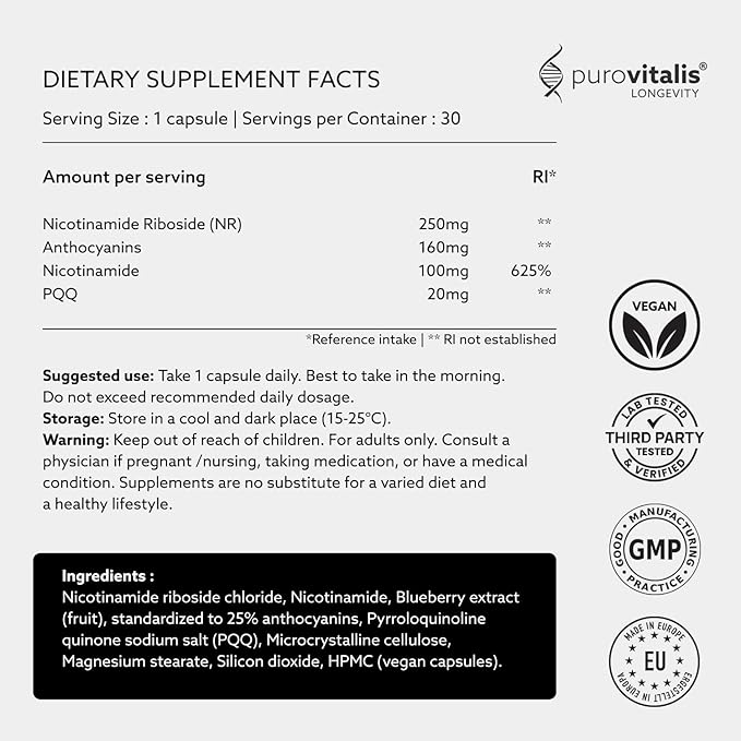 PUROVITALIS NAD+ Supplement, NAD with Nicotinamide Riboside (NR), Vitamin B3, PQQ, and Anthocyanin, Cellular Energy Booster, High Purity, 1-Month Supply (30 Vegan Capsules)