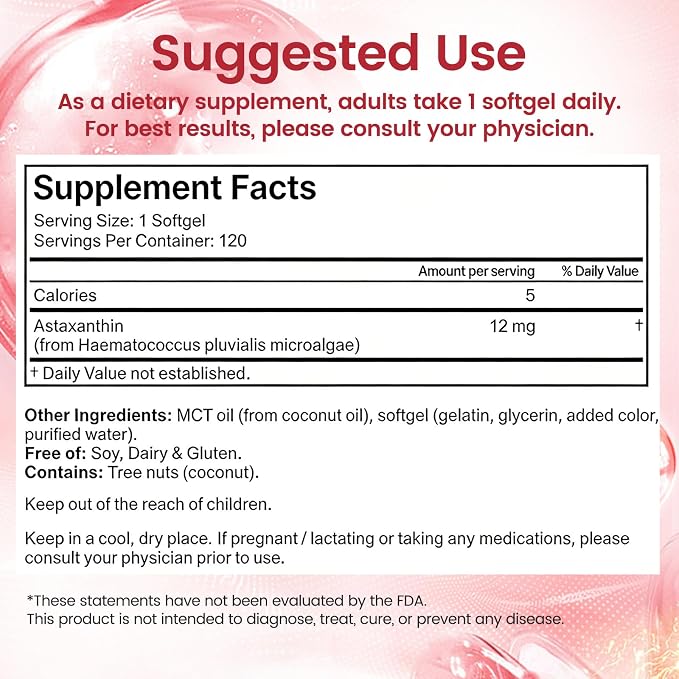 Astaxanthin 12mg with MCT Oil – 120 Softgels, Premium Astaxanthin Organic Supplements, for Kidneys, Eyes & Skin, Natural Microalgae Source, Triple Strength, Non-GMO & Gluten Free (Pack of 1)