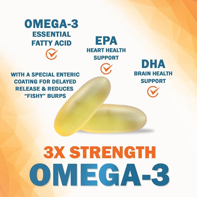 Omega 3 Fish Oil Supplements - 2400mg Fish Oil Per Serving - Triple Strength Omega-3 with EPA & DHA Fatty Acids - Natural Heart, Brain & Immune Support - Wild Caught, Bottled in USA - 180 Softgels