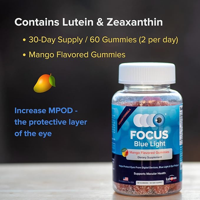 Focus Blue Light Supplement | Lutein and Zeaxanthin Supplement for Eye Health and Blue Light Protection | 60 Count Mango Flavored Gummy, 30 Day Supply