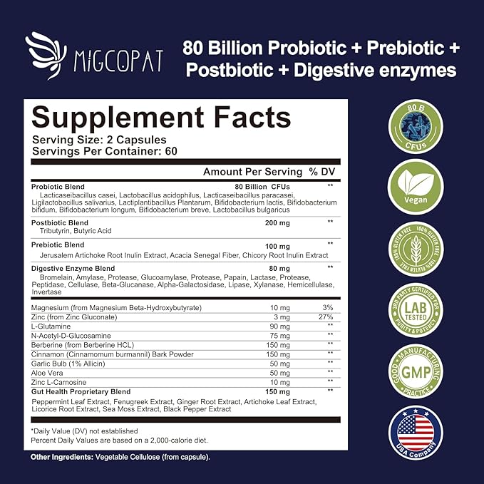 Migcopat Probiotic Prebiotic, Postbiotic & Digestive Enzymes for Digestive Health, 80 Billion CFU Probiotics Complete Gut Support with Berberine, Cinnamon, L-Glutamine, for Men & Women, 120 Capsules