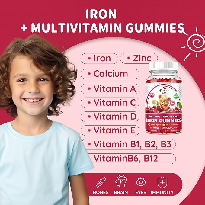 Iron Supplement Gummies for Kids - with Calcium, Zinc, Kids Multivitamin with Iron Gummies - Immune Support, Blood Builder & Energy Support for Iron Deficiency, Anemia, Cherry Flavor, 60 Gummies