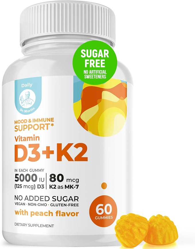 DR. MORITZ Vitamin D3 Gummies (5000 IU) with K2 - for Adults and Kids - Vitamin D3 K2 Gummies for Immune Support & Bone Health - Vegan, Sugar Free, Gluten Free (60 Count)