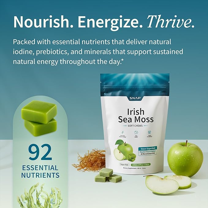 Snap Supplements Irish Sea Moss, Marine Algae Rich in Micronutrients & Antioxidants to Support Healthy Metabolism and Vitality, 60 Sugar-Free Soft Chews