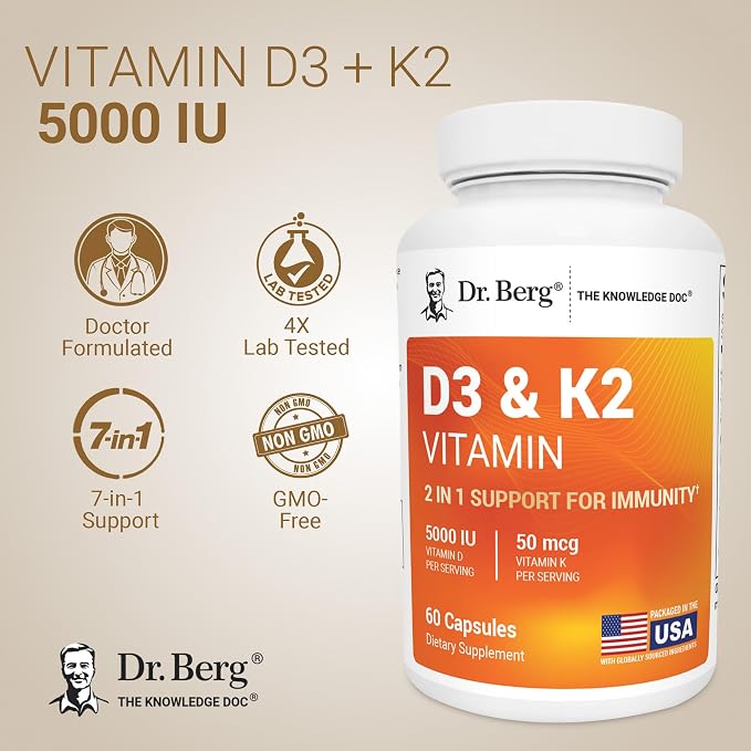 Dr. Berg Maximum Strength 2-in-1 Vitamin D3 K2 5,000 IU | Naturally Derived D3 | 4X Lab-Tested & Verified | High Absorption Formula | K2 D3 Vitamin Supplement - 60 Capsules