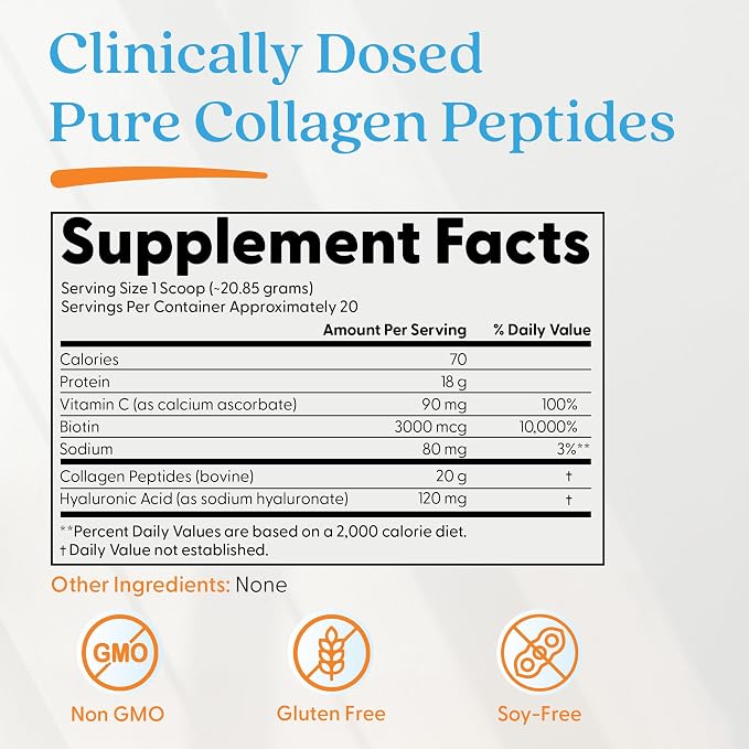Doctor's BEST Pure Collagen Peptides w/Hyaluronic Acid - Collagen Powder Supplement for Women & Men, Unflavored, 18 g Protein & 90 mg Vitamin C per Serving, Supports Healthy Skin & Hair - 14.8 oz
