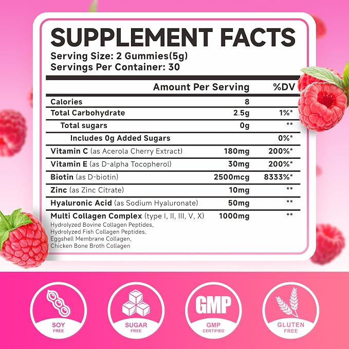 MEENCCD Hydrolyzed Collagen Peptides Gummies for Women & Men, Multi-Collagen Type I,II,III,V,X with Biotin, Hyaluronic Acid, Zinc, Vitamin C, E - Skin, Hair, Nails, Raspberry Flavor, 60 Count