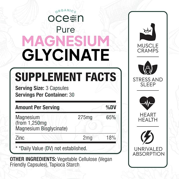 Organics Ocean Pure Magnesium Glycinate with Zinc - Maximum Strength Chelated Magnesium Supplement for Women and Men for Muscle Cramps and Sleep Support - 2 Bottles