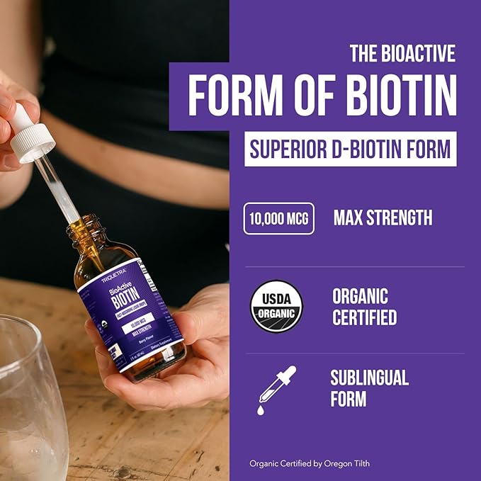 Liquid Biotin 10,000mcg Drops for Women – Organic USP Grade Dietary Supplement – High-Absorption Formula – Supports Healthy Hair, Skin & Nails – Natural Berry Flavor – 180 Servings, 2 oz
