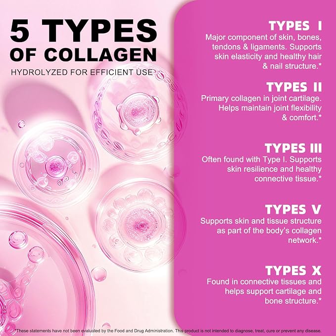 Multi Collagen Peptides Powder,Type I, II, III, V, X,with Biotin,Vitamin C,Hyaluronic Acid,Supports Healthy Joint, Hair, Skin & Nail Support,Grass-Fed, Non-GMO,16oz
