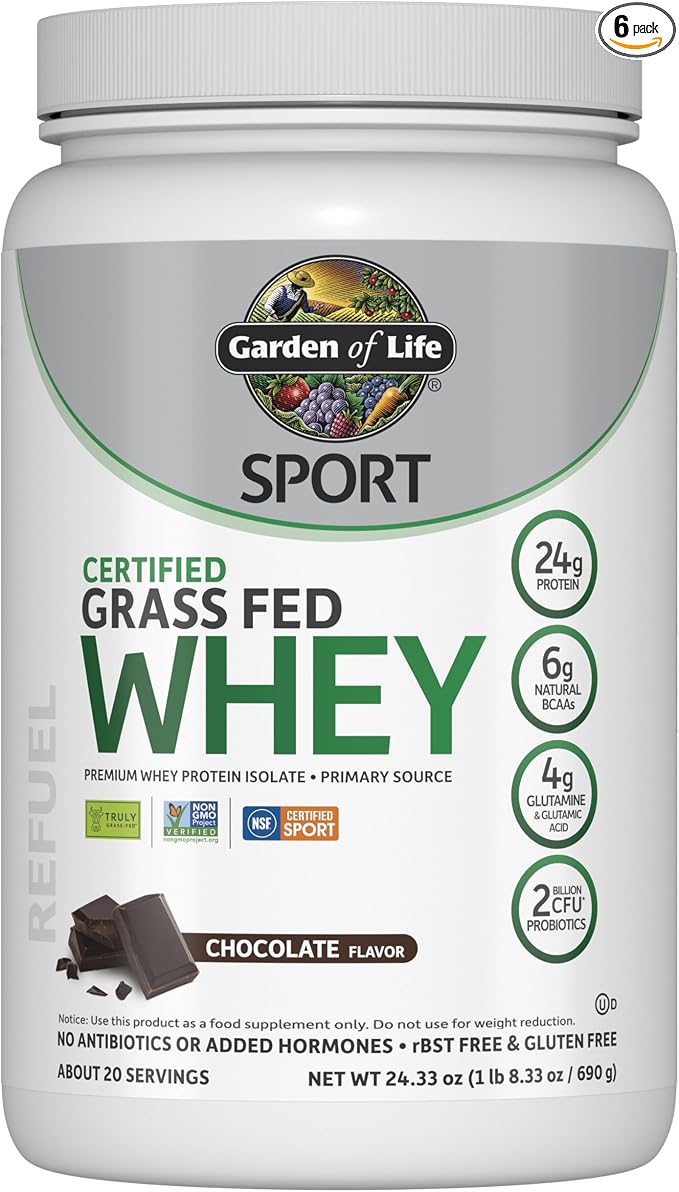 Garden of Life SPORT Whey Protein Powder Chocolate, Premium Grass Fed Whey Isolate plus Probiotics for Immune System Health, 24g Protein, Non GMO, Gluten Free, Cold Processed - 20 Servings (Pack of 6)