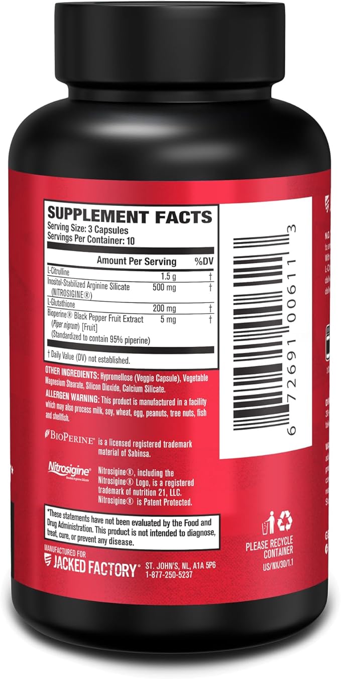Jacked Factory N.O. XT Nitric Oxide Supplements for Men w/Nitrosigine L Arginine L Citrulline Supplement for Muscle Pumps & Vascularity - Pre Workout Nitric Oxide Booster & Muscle Builder - 30 Caps