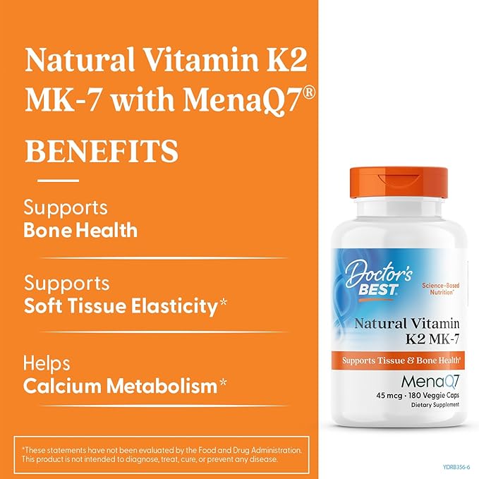 Doctor's Best Natural Vitamin K2 MK7 Supplement for Men & Women - Bone Health Support, 45 mcg Vitamin K-2 MK-7 Capsules with MenaQ7, Calcium Support, Non GMO, Vegan - 180 Veg Caps