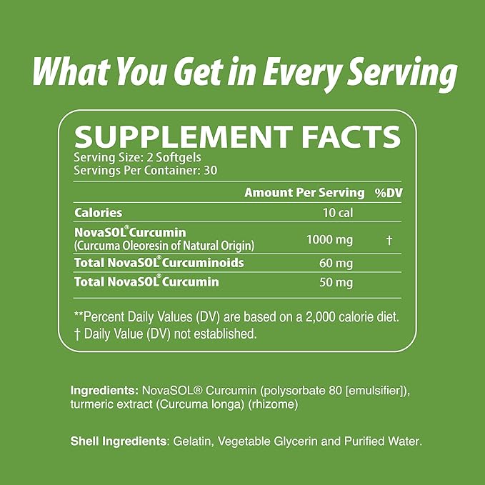 NutriCumin NovaSOL Turmeric Curcumin 1000 mg – 185× Absorption – Supports Joint Comfort & Mobility – Non‑GMO Softgels, 60 Ct.