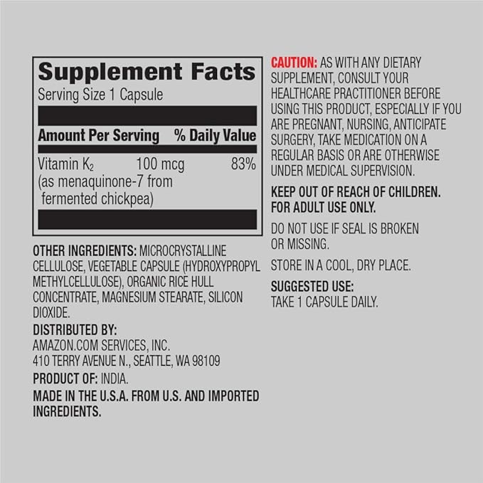 Amazon Elements Vitamin K₂, 100 mcg, Vegan, Made from Chickpea, 65 Capsules