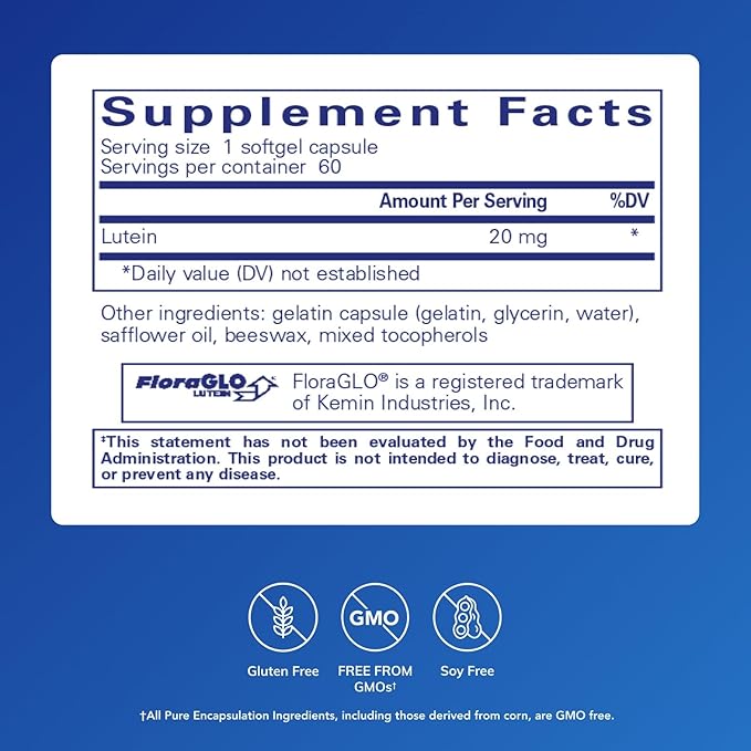 Pure Encapsulations Lutein 20 mg | Hypoallergenic Antioxidant Support for Healthy Visual Function | 60 Softgel Capsules