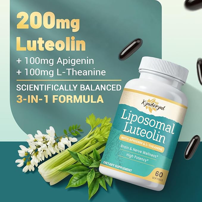 Liposomal Luteolin 200mg – Luteolin Supplement & Brain Supplement for Memory and Focus with Apigenin & L-Theanine – Non-GMO, Gluten-Free, 30 Softgels