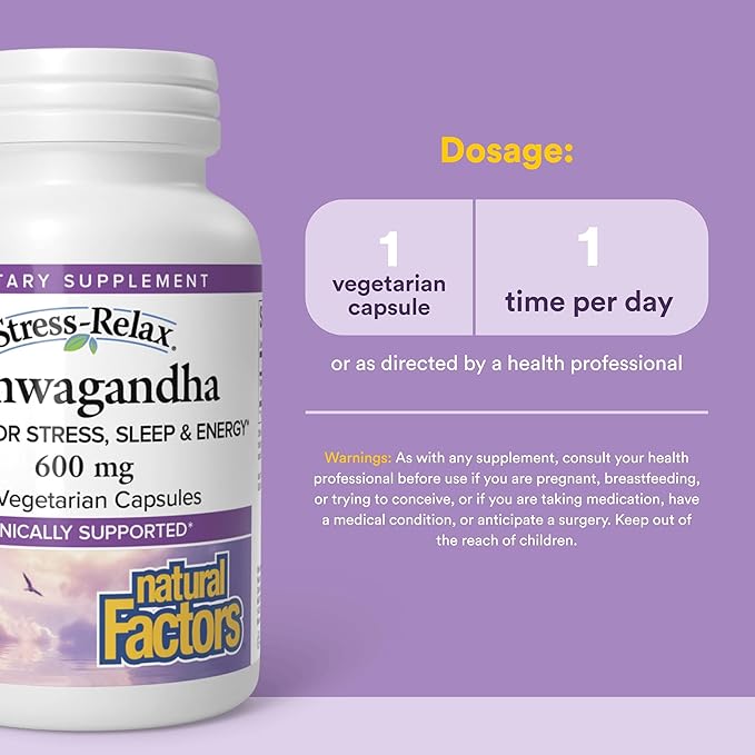 Stress-Relax KSM-66 Ashwagandha 600 mg by Natural Factors, 30 vegetarian capsules (30 servings), 60 Capsules