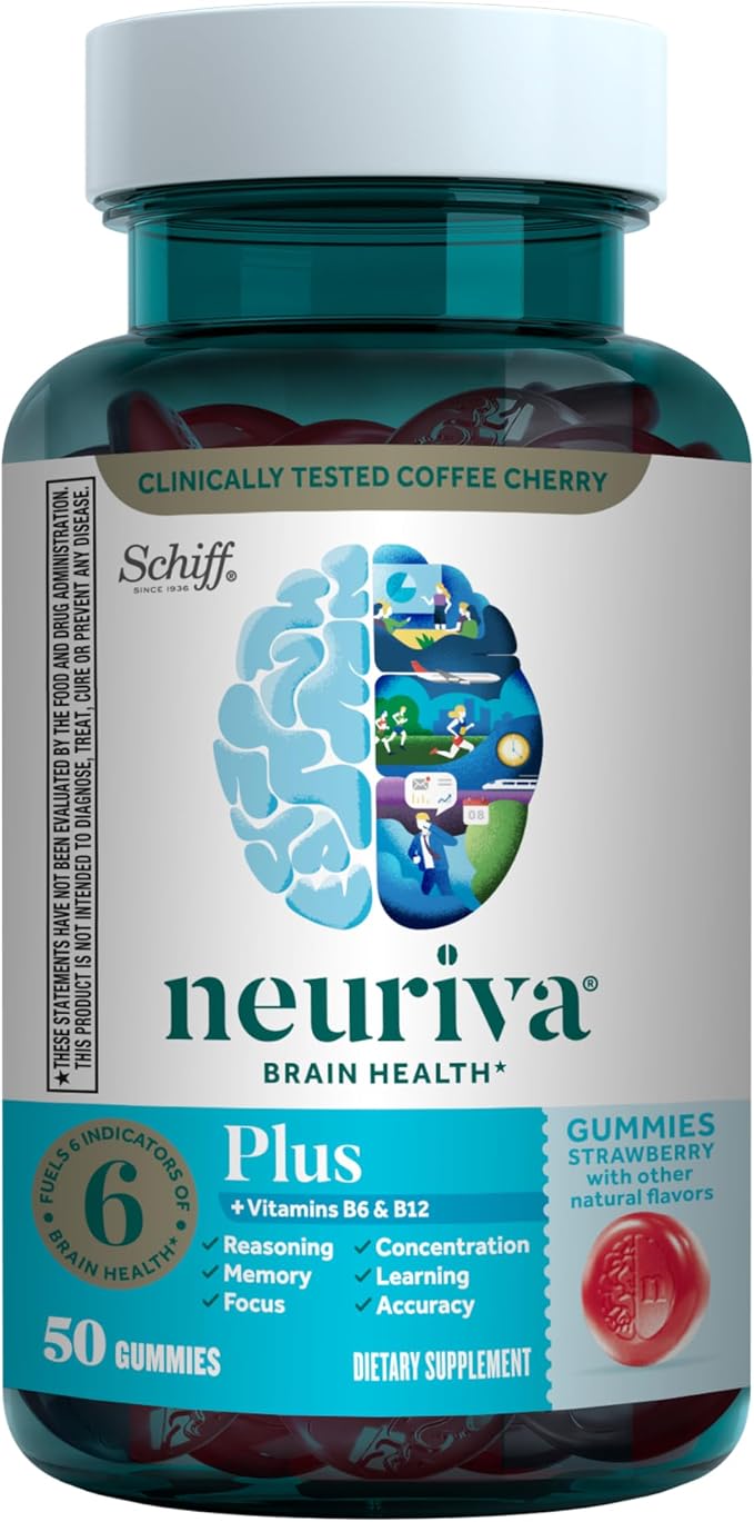 NEURIVA Plus Decaffeinated Nootropic Brain Supplement for Memory, Focus & Concentration & Cognitive Function, Clinically Tested NeuroFactor, Phosphatidylserine, Vitamins B6 B12,50ct Strawberry Gummies