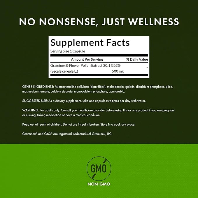 Swanson Maximum Strength Graminex Flower Pollen Extract - Supports Prostate Health, Urinary Tract Function, and Kidney Health - Mens Health Supplement - (60 Capsules, 500mg Each) (2 Pack)